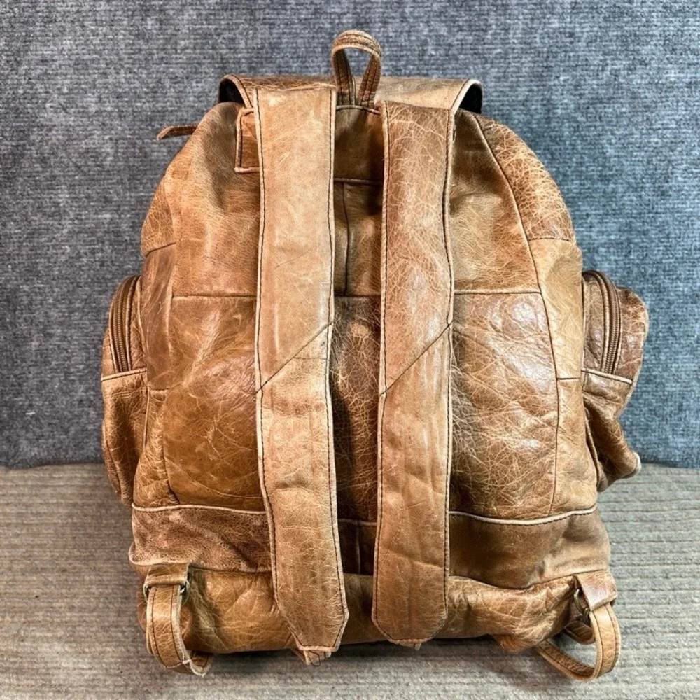 Vintage Tan Distressed Leather Backpack Rucksack Multi-Pocket Travel Bag
